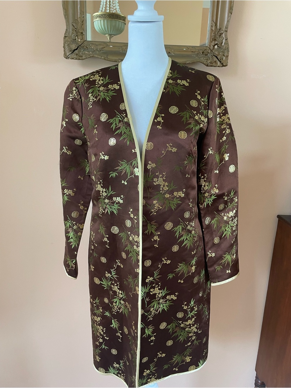 Vintage Brown Satin Golden Flower Leaf Prints Open Front Duster Coat S/M